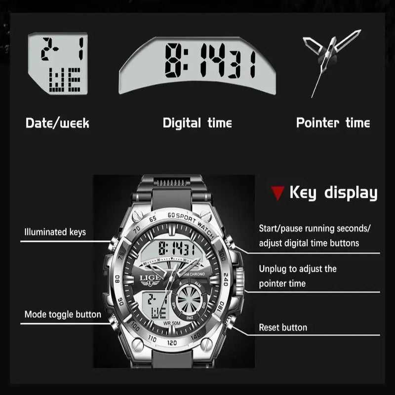 LIGE Men's Digital Sports Watch – LED Display, Quartz Movement, Stopwatch (4 designs available) by Habicare