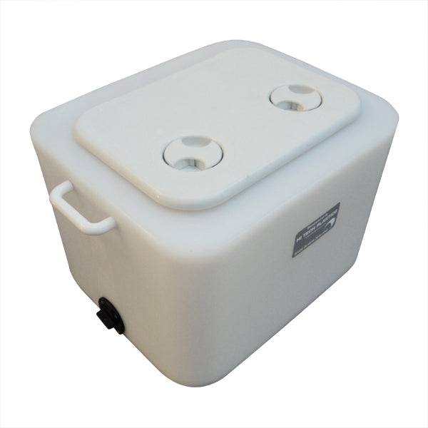 Live Bait Tank - 45L - Transom Mount featuring a white cooler with two openings and a side handle.