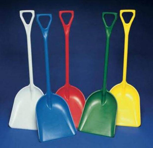 Plastic Shovel Heavy Duty 5 Colour Choices, featuring white, blue, red, green, and yellow shovels for versatile use.