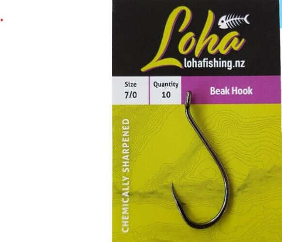 Loha Beak Hook 7/0 10pk displayed on packaging, featuring high carbon steel and chemically sharpened design.