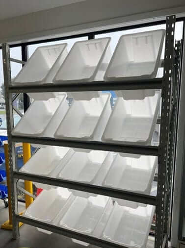 Longspan Storage Unit with 12x52L Bins displaying empty heavy-duty storage bins on a shelving unit.