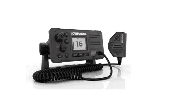 VHF marine RADIO,DSC,LINK-6S Black displayed with built-in GPS antenna and clear LCD screen.