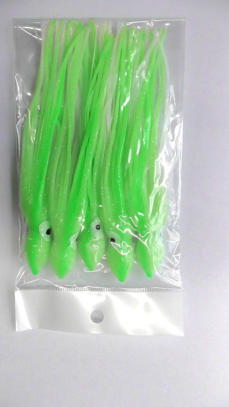 Luminous Octopus Skirt Glow Soft Lure 6 " 5 pcs in green color, packed in a clear plastic bag.