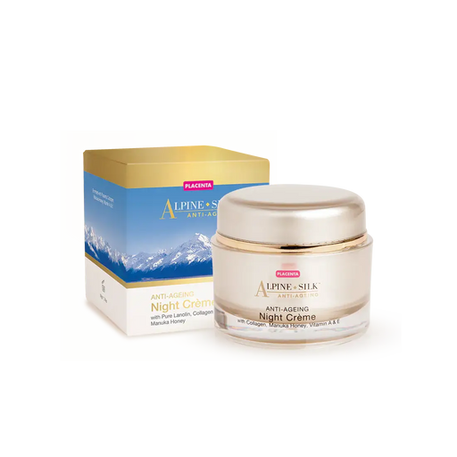 Luxurious Alpine Silk Anti-Ageing Night Cream in a jar next to its box, emphasizing skin renewal and nourishment.