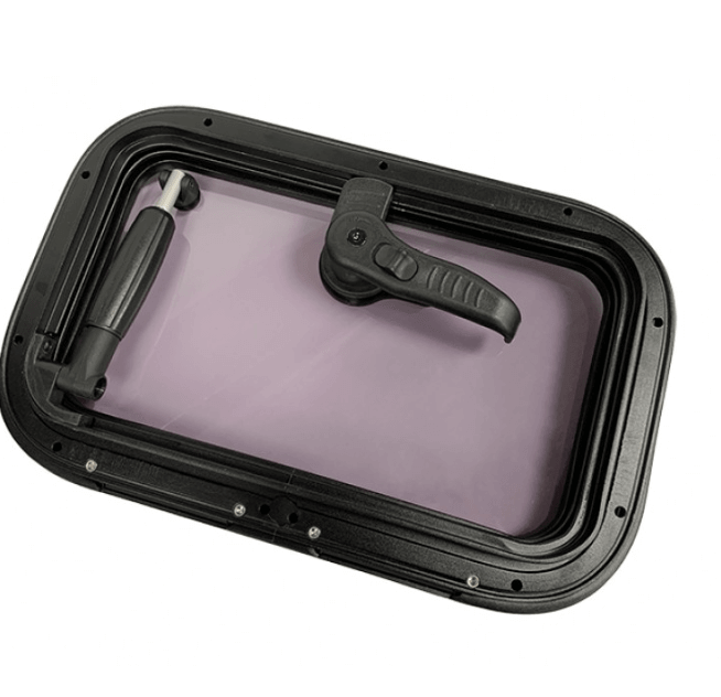 maXtek Alloy Deck Hatch - black 412mm (w) x 267mm (d) shown from the top with a sleek handle and sturdy frame.