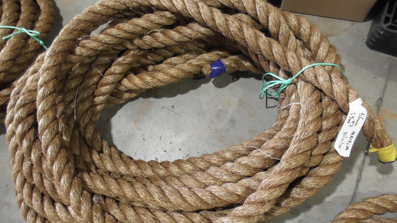 Manila Rope Shorts 56mm x 35 meters coil showing its natural texture and color.