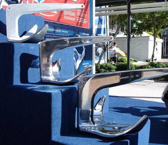 Stainless Ray Anchors 10kg 15kg 20kg 25kg displayed on a stand, showcasing their durable and shiny stainless steel design.