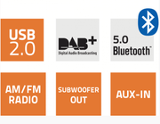 Features of Marine Audio Pack HMR20 speakers including USB 2.0, Bluetooth 5.0, AM/FM radio, subwoofer out, AUX-IN.