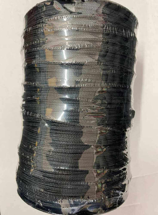 Braided Nylon seine netting twine black & tarred #36 roll, packaged for sale, showcasing texture and color.