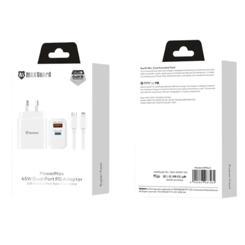 9eight5 Accessories Maxguard PD 45W wall charger with Type-C to Lightning combo 45PDLC Maxguard PD 45W wall charger with Type-C to Lightning combo 45PDLC