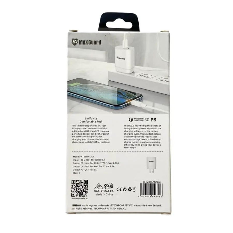 Maxguard Type C & USB Power Adapter Wall Plug (NZ / AUS), With Type C to Type C Cable by That Watch Shop