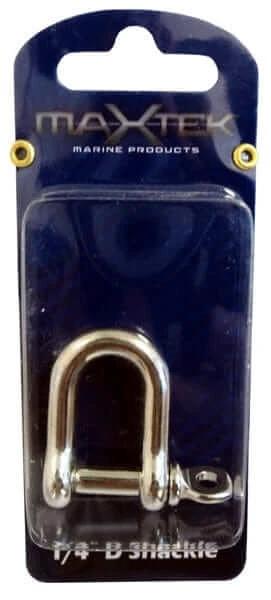 Stainless Steel D Shackle - 1/4" in blister pack by MAXTEK, featuring durable 316 stainless steel construction.