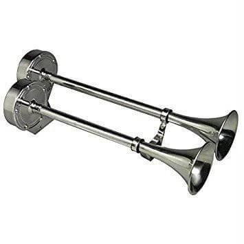 Horn 24V - SS Dual Trumpet in polished stainless steel finish, dual trumpet design for two-tone sound.