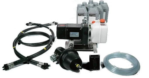 Maxtek Power Hydraulic Steering - Complete kit including hydraulic pump, hoses, fluid containers, and accessories.