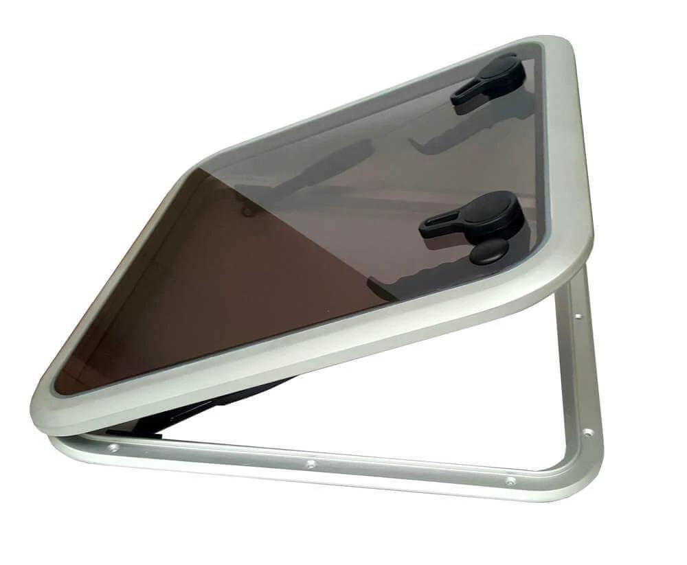 Alloy Deck hatch 575mm x 575mm shown at an angle, featuring a transparent lid and dual locking handles.