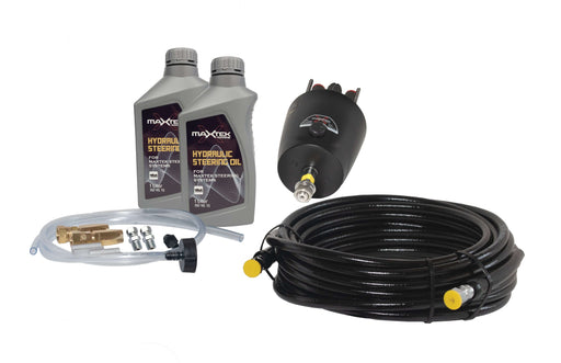 Maxtek Marine Yamaha steering kit components including hydraulic steering oil, helm, and hoses.