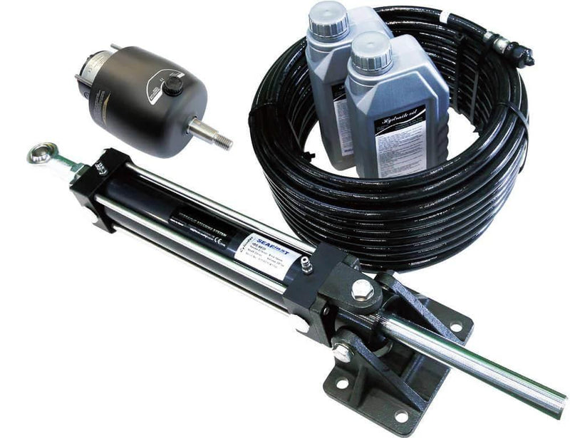 Marine Inboard Heavy Duty Hydraulic System complete kit featuring helm pump, IOC cylinder, hoses, and oil.
