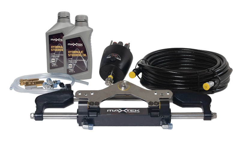 Maxtek Power Hydraulic Steering 700hp High Horsepower Complete Kit with helm pump, steering oil, and accessories.
