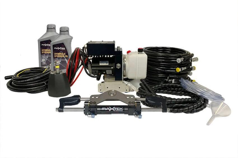 Maxtek Power Hydraulic Steering kit with ST3520H-R1 Cylinder, hydraulic fluids, and hoses for high-performance vessels.