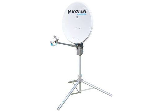 Maxview Precision Tripod Satellite Dish set up on a tripod for portable TV reception.