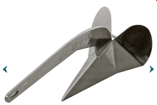 Maxwell Maxset 6kg Anchor - Stainless Steel shown from the side, showcasing its polished stainless steel finish and plough design.