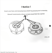 Maxwell HRC Chain Wheel Assembly - 7mm illustration with greasing instructions and notice.