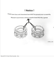 Maxwell RC10 Chain Wheel Assembly - 8mm illustration showing grease application and assembly instructions.