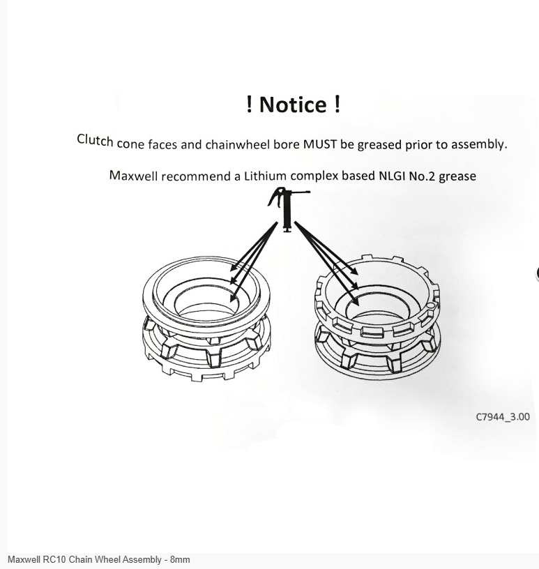 Maxwell RC10 Chain Wheel Assembly - 8mm illustration showing grease application and assembly instructions.