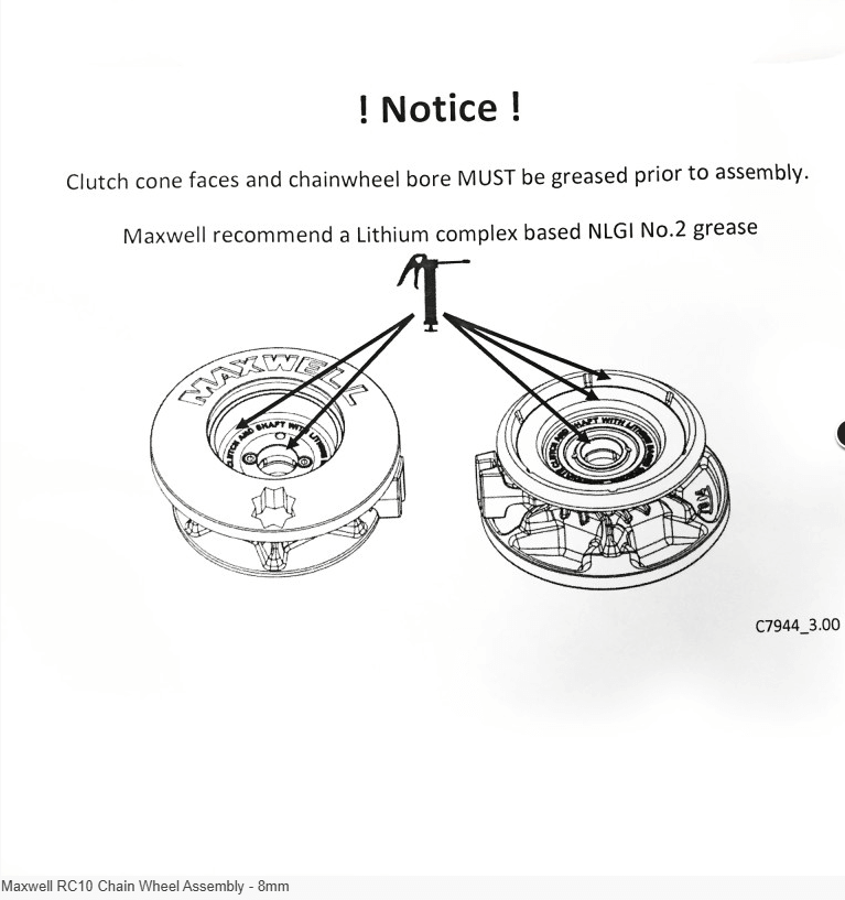 Illustration showing grease application instructions for Maxwell RC10 Chain Wheel Assembly - 8mm.