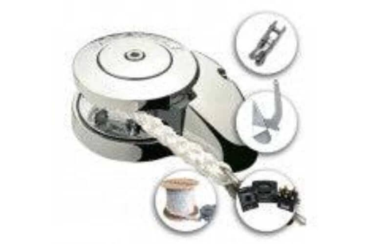 Maxwell RC6 Boat anchoring package 3 components including circuit breaker, rope, chain, and anchor swivel.