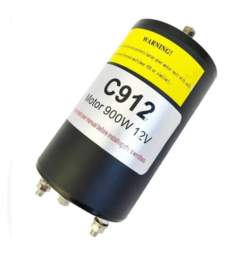 12V Drum Winch Motor 900W - Powerful 900W motor with warning label and specifications.
