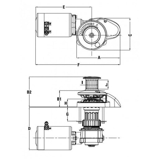 Maxwell Windlass RC8-8-Capstan-1000W technical drawing and dimensions for quick reference