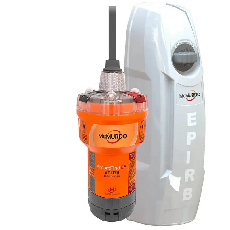 McMurdo SmartFind G8 AIS Manual Bracket - SmartFind E8 EPIRB with orange casing and antenna.