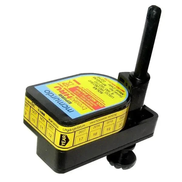 McMurdo EPIRB HRU Hydrostatic Release Unit with safety labels and antenna for marine emergencies.