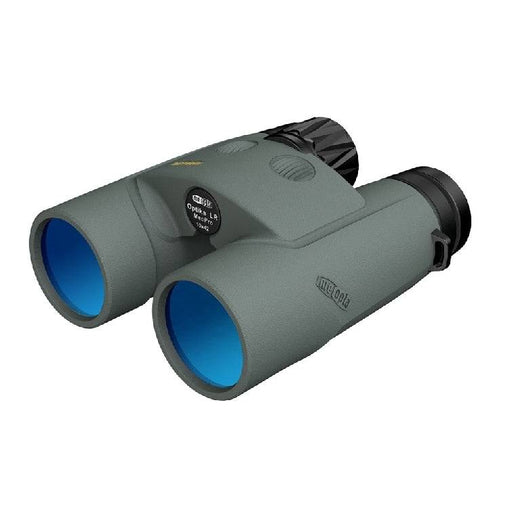 Meopta MeoPro Optika Laser RF 10x42 HD binoculars with a gray body and blue objective lenses.