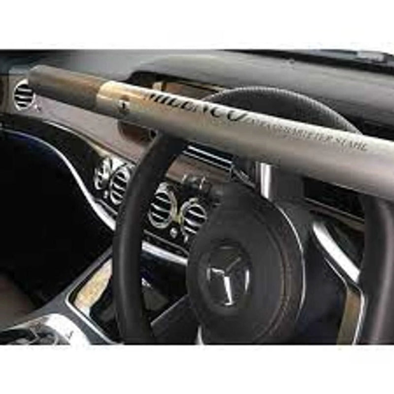 Milenco Steering Wheel Lock installed on a luxury car steering wheel, showcasing its sleek design and security features.