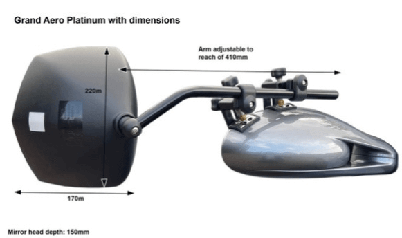Milenco Platinum Grand Aero Mirrors with dimensions showing adjustable arm and mirror head size.