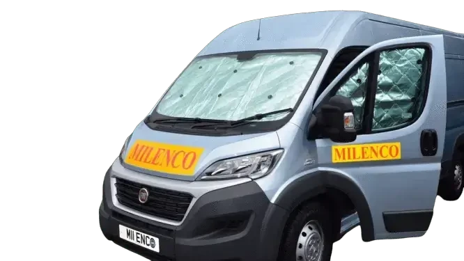 Milenco Motohome Internal Thermal Blind Set - In store installed on a motorhome dashboard to block sunlight.