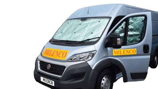 Milenco Motohome Internal Thermal Blind Set - In store installed on a motorhome dashboard to block sunlight.