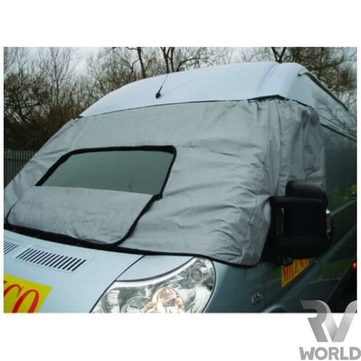 Milenco Universal External Blind fitted on a motorhome cab to prevent condensation and ensure thermal efficiency.