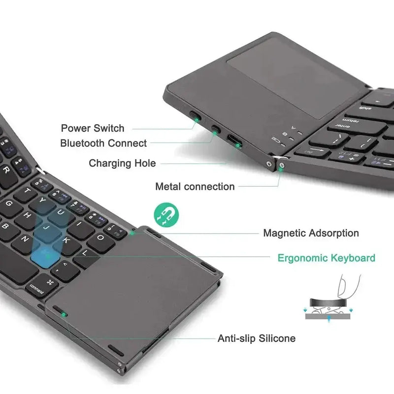 Habicare Mini Foldable Bluetooth Keyboard with Touchpad, Rechargeable Wireless Ultra-Slim Pocket Keyboard for Tablet & Laptop Mini Foldable Bluetooth Keyboard with Touchpad, Rechargeable Wireless Ultra-Slim Pocket Keyboard for Tablet & Laptop