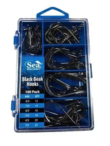 Mixed Hook Pack 100 Pieces featuring various black beak hooks for fishing in a compact storage case.