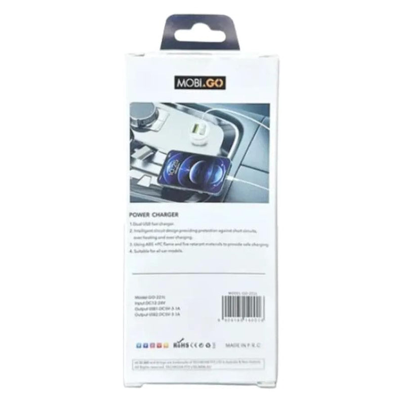 9eight5 Electronics Accessories Mobigo Dual USB Car Charger With Lightning Cable GO221L Mobigo Dual USB Car Charger With Lightning Cable GO221L