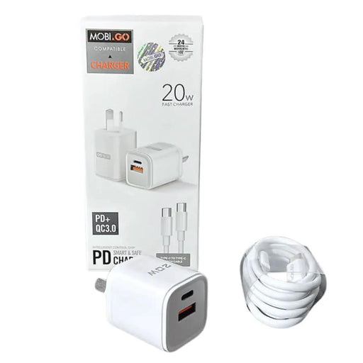 Mobigo Type C & USB Power Adapter Wall Plug (NZ / AUS), With Type C to Type C Cable by That Watch Shop