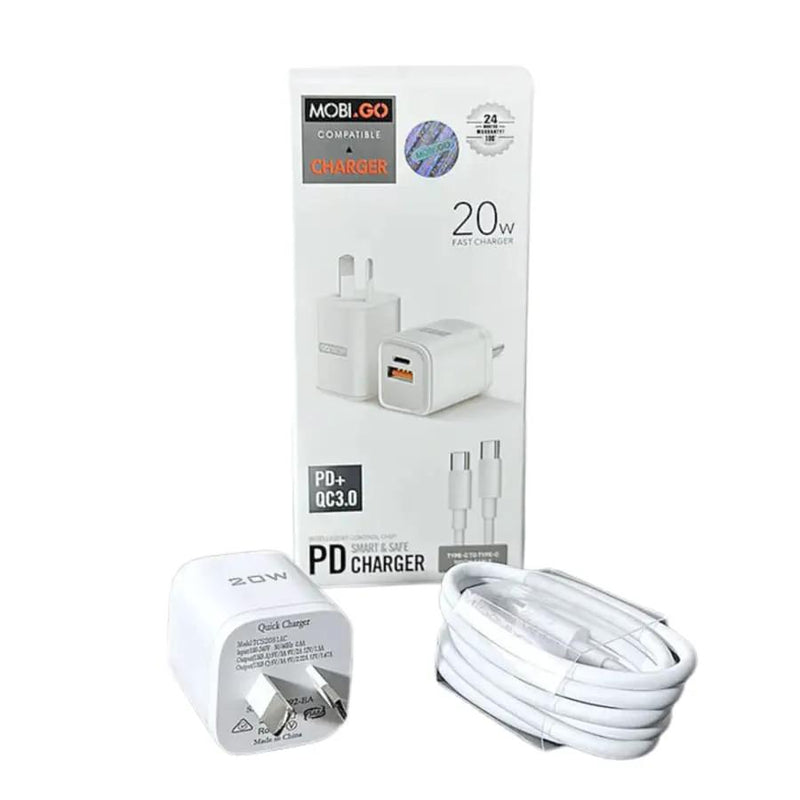Mobigo Type C & USB Power Adapter Wall Plug (NZ / AUS), With Type C to Type C Cable by That Watch Shop