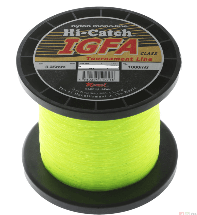 Momoi 8kg 10kg 15kg 24kg 37kg 60kg x 1000m Hi-Catch IGFA 1000m spool of Fluro Yellow nylon fishing line.