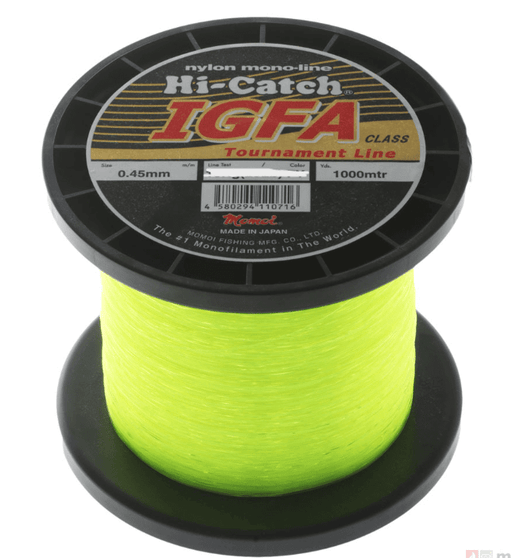 Momoi 8kg 10kg 15kg 24kg 37kg 60kg x 1000m Hi-Catch IGFA 1000m spool of Fluro Yellow nylon fishing line.