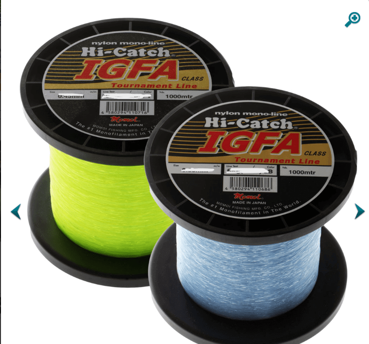 Momoi 8kg 10kg 15kg 24kg 37kg 60kg x 1000m - Hi-Catch IGFA Tournament Line spools in Fluoro Yellow and Light Blue.