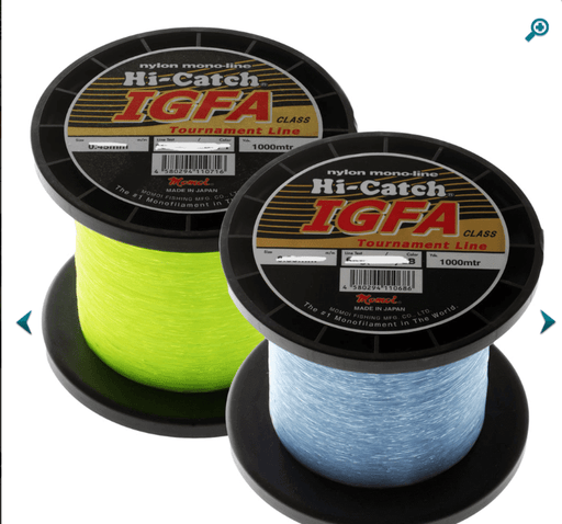 Momoi 8kg 10kg 15kg 24kg 37kg 60kg x 1000m - Hi-Catch IGFA Tournament Line spools in Fluoro Yellow and Light Blue.