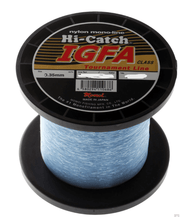 IGFA Momoi 8kg 10kg 15kg 24kg 37kg Bulk spools of Hi-Catch nylon monofilament fishing line in ice blue.